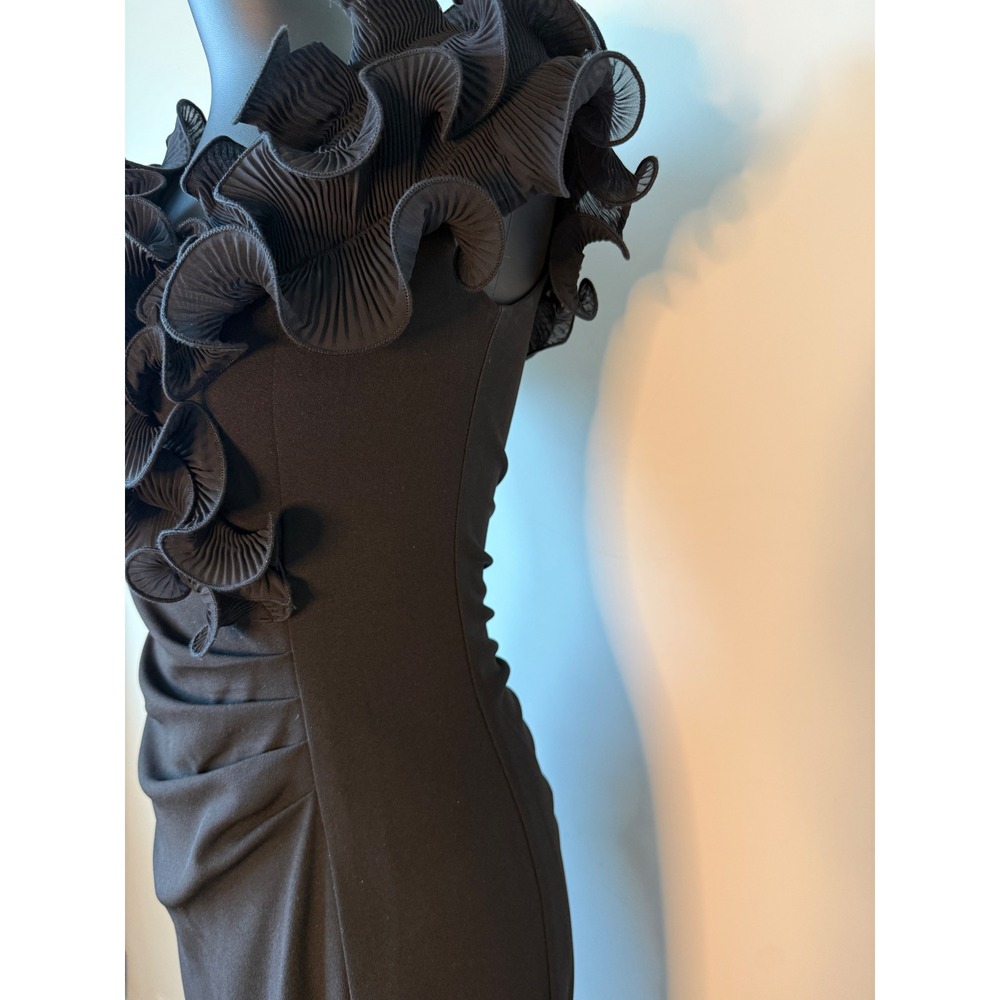 Xscape Womens 6 Black Pleated Ruffle Neck Gown Ruched Maxi Dress Formal Slit - Picture 7 of 16
